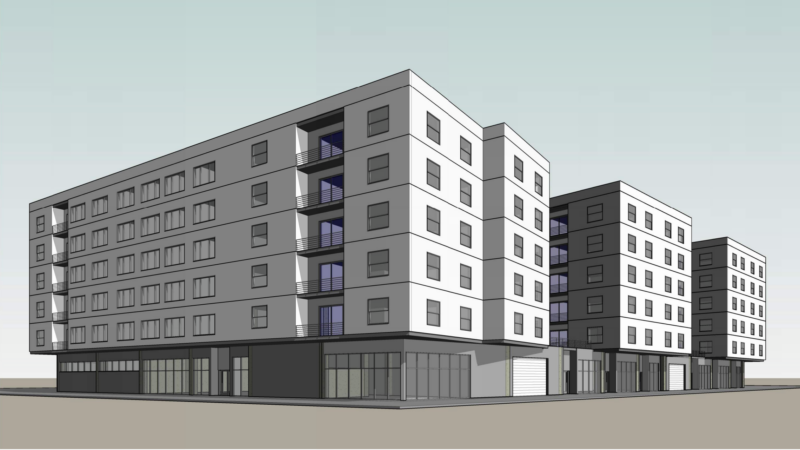 Architectural rendering of proposed 6-story residential building replacing Seabright Plaza