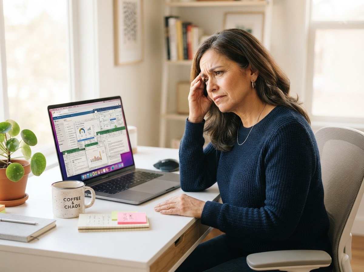 Una experta madura frustrada intentando configurar varias herramientas de marketing online en su computadora