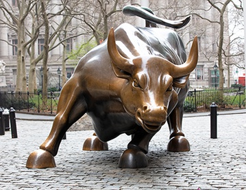 The original bronze Charging Bull in its iconic charging stance on Wall Street, 1989