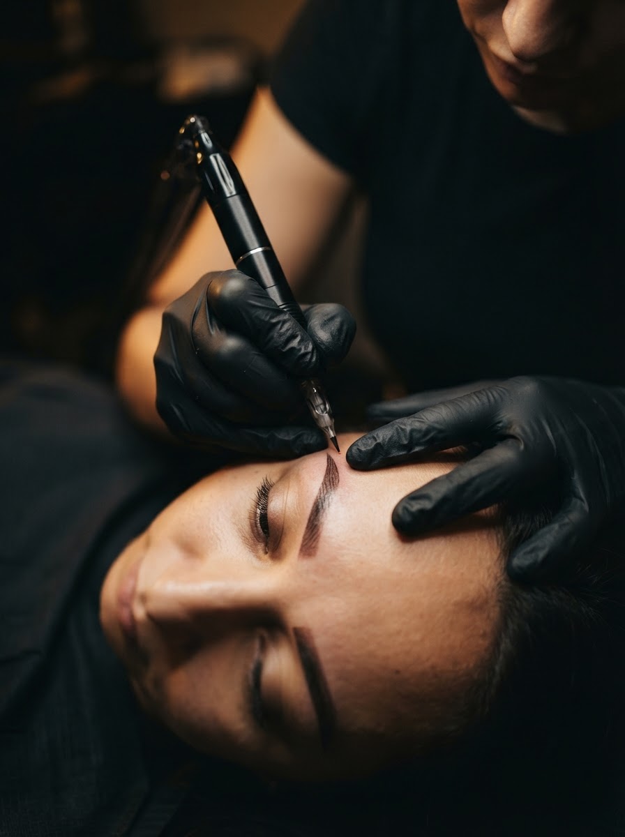 PMU artist's gloved hands holding a nano brow pen, focused mid-procedure