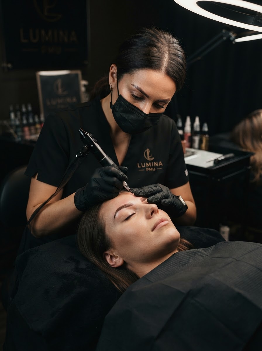 PMU artist performing powder brows on a client in a bright studio
