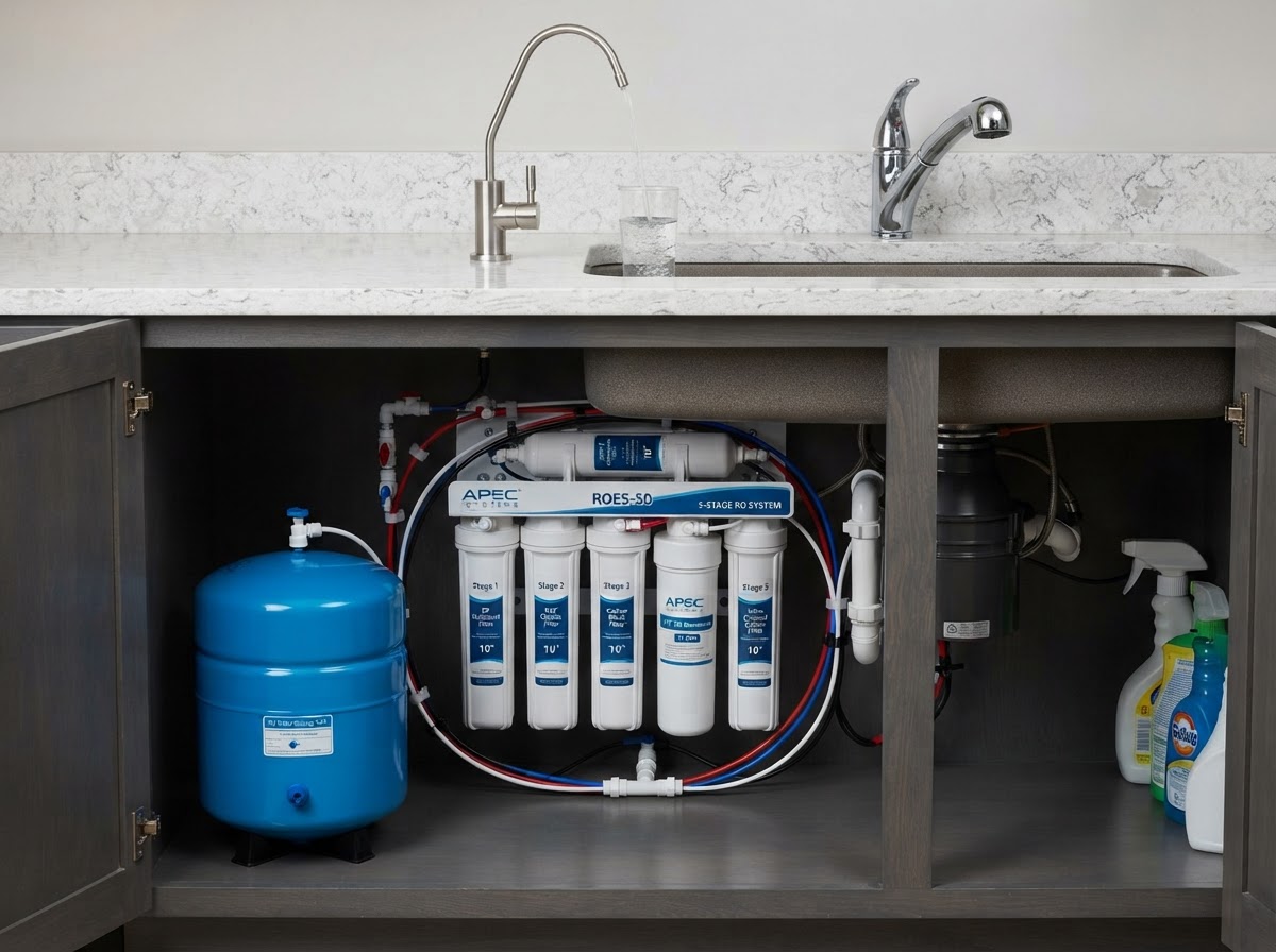 Under-sink reverse osmosis drinking water system with dedicated faucet