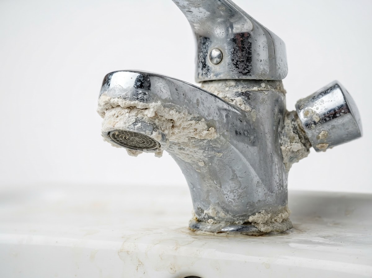 Chrome faucet with white limescale calcium buildup