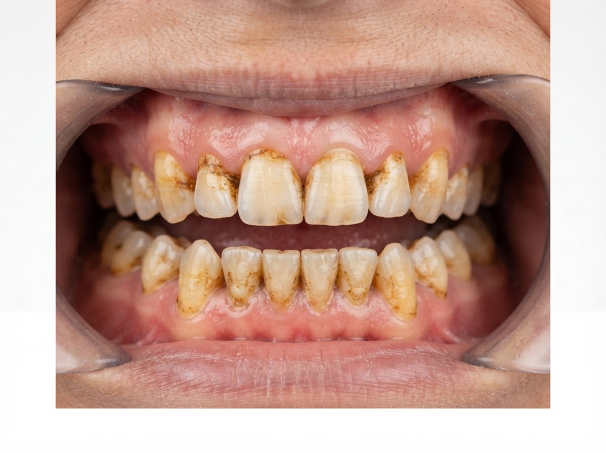 Close-up of teeth with yellow and brown hard-water mineral stains
