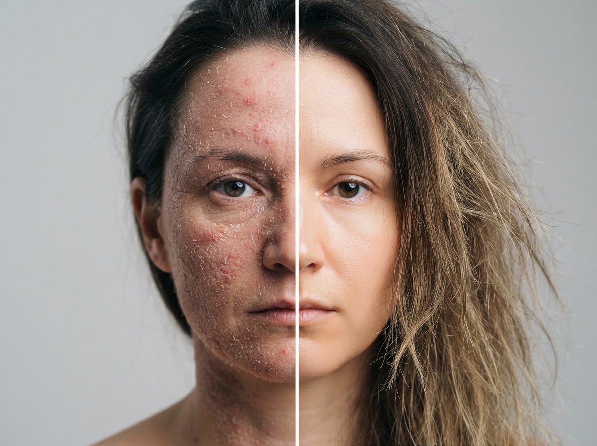 Split close-up of dry flaky skin on the face and dry damaged dull hair
