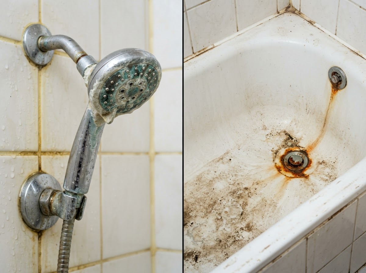 Split image of a limescale-caked stained showerhead and a dirty stained bathtub with rust rings