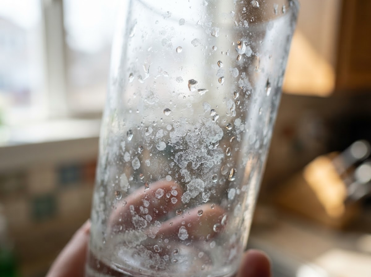 Extreme close-up of a clear drinking glass covered in cloudy white hard water spots and mineral film