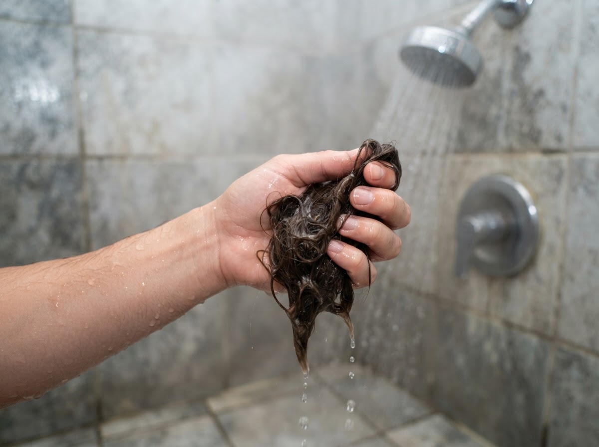 Close-up of a hand holding a clump of hair that has fallen out in the shower