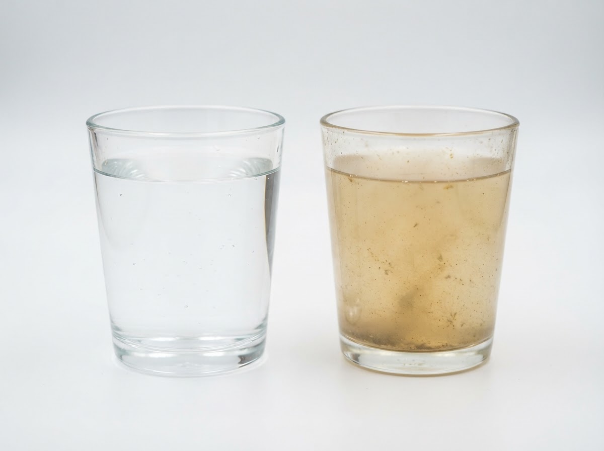 Glass of discolored dirty tap water next to a clear glass