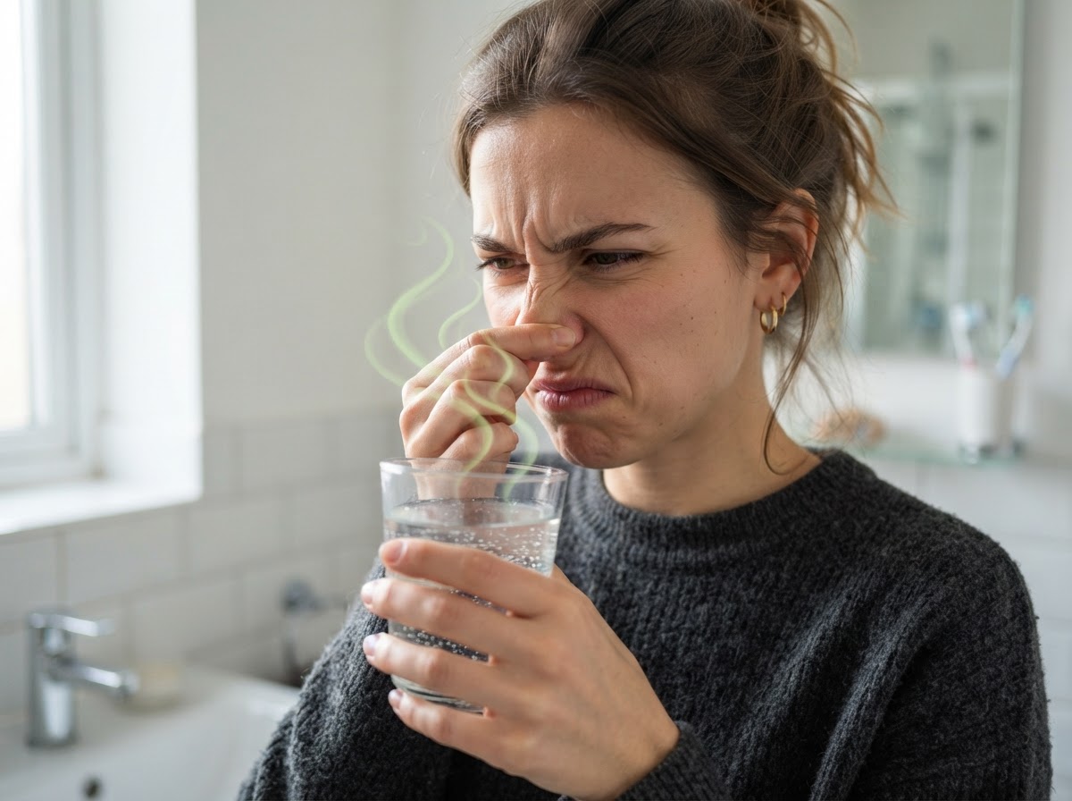 Person pinching their nose in disgust while holding a glass of smelly tap water