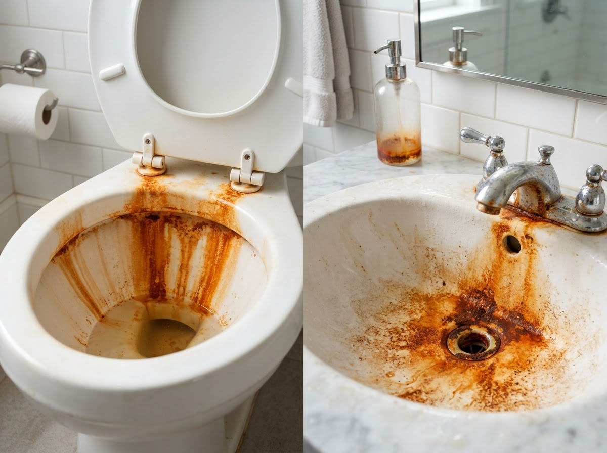 Rusty orange iron stains in a toilet bowl and sink