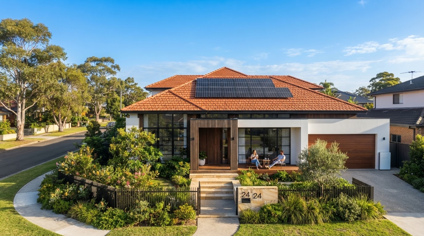 Modern Australian home with solar panels installed, clear blue sky