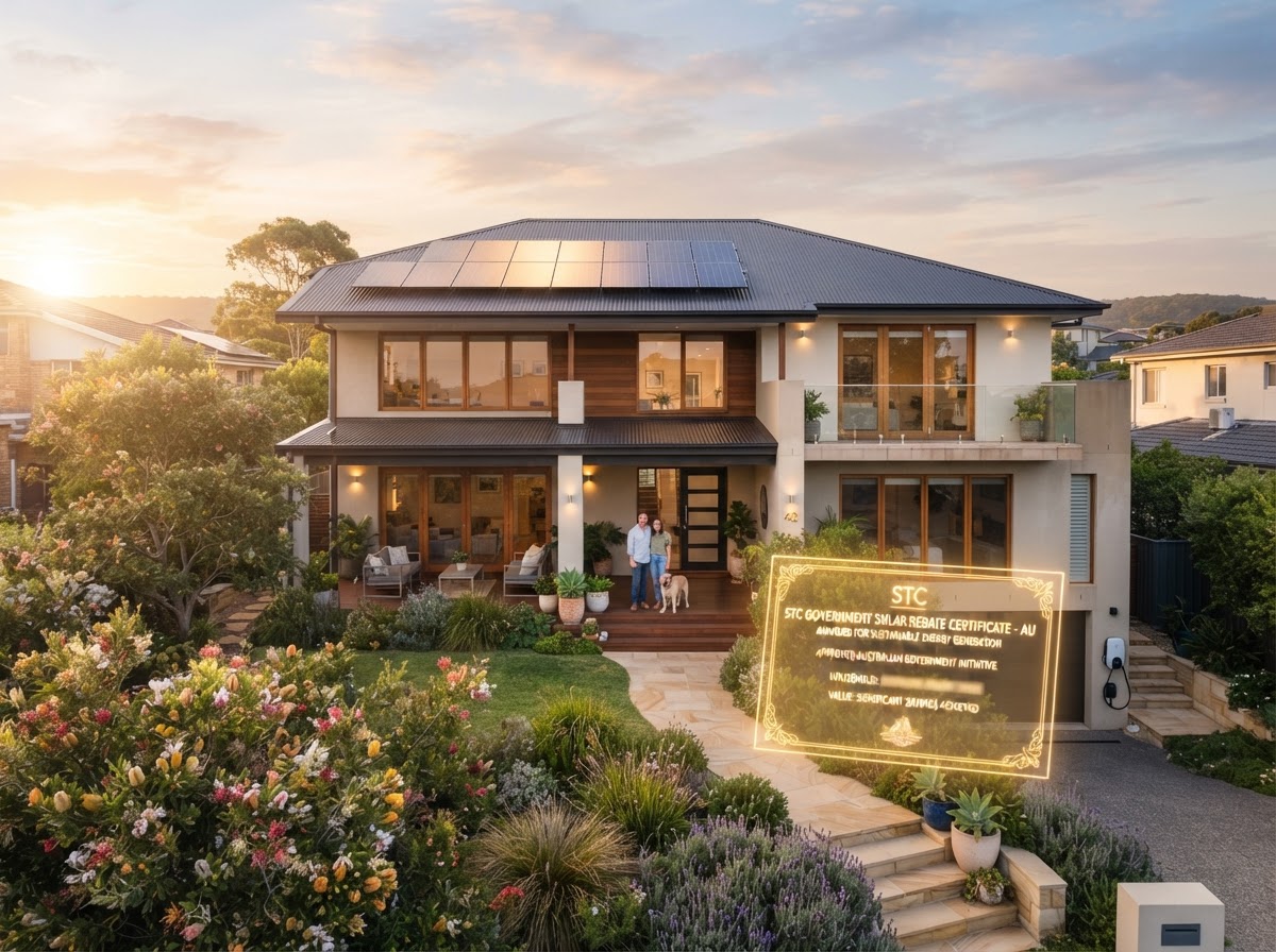 Australian home with solar panels at sunrise with STC rebate certificate