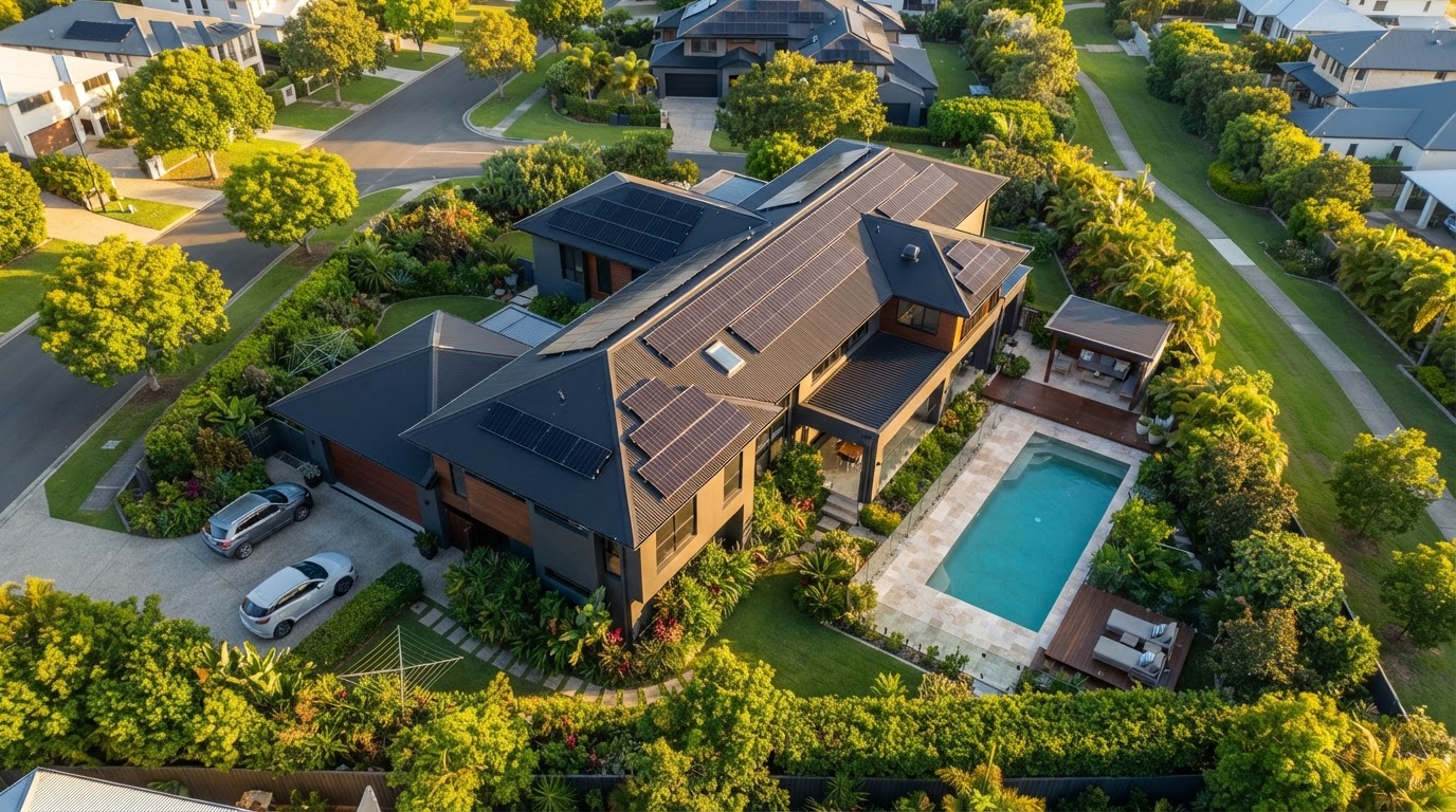 Aerial top-down view of an Australian family home with rooftop solar panels