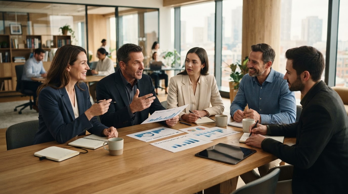 A leadership team collaborating in a bright modern office