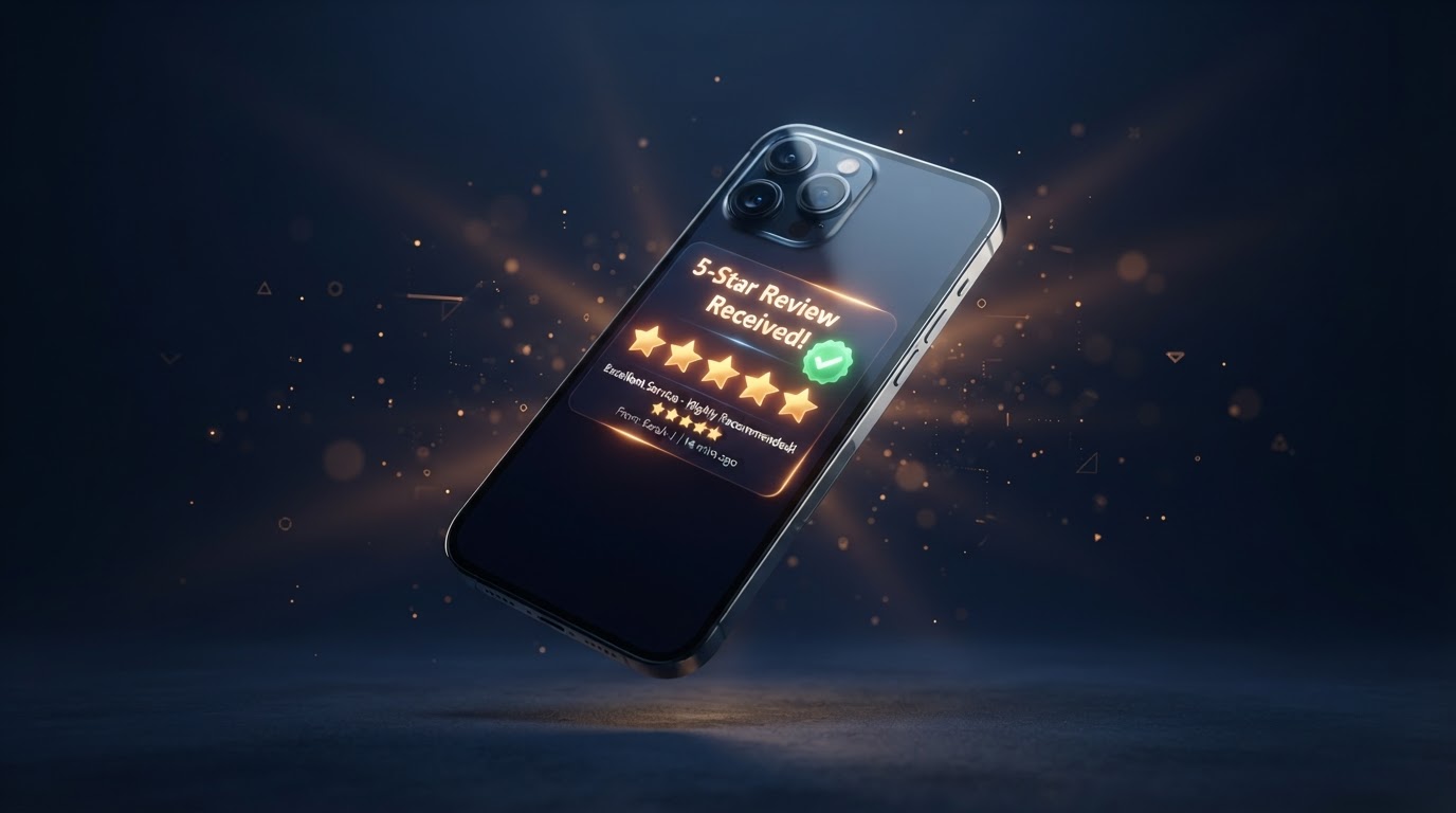 3D rendered smartphone displaying a glowing 5-star gold review notification with a green checkmark on a deep navy background