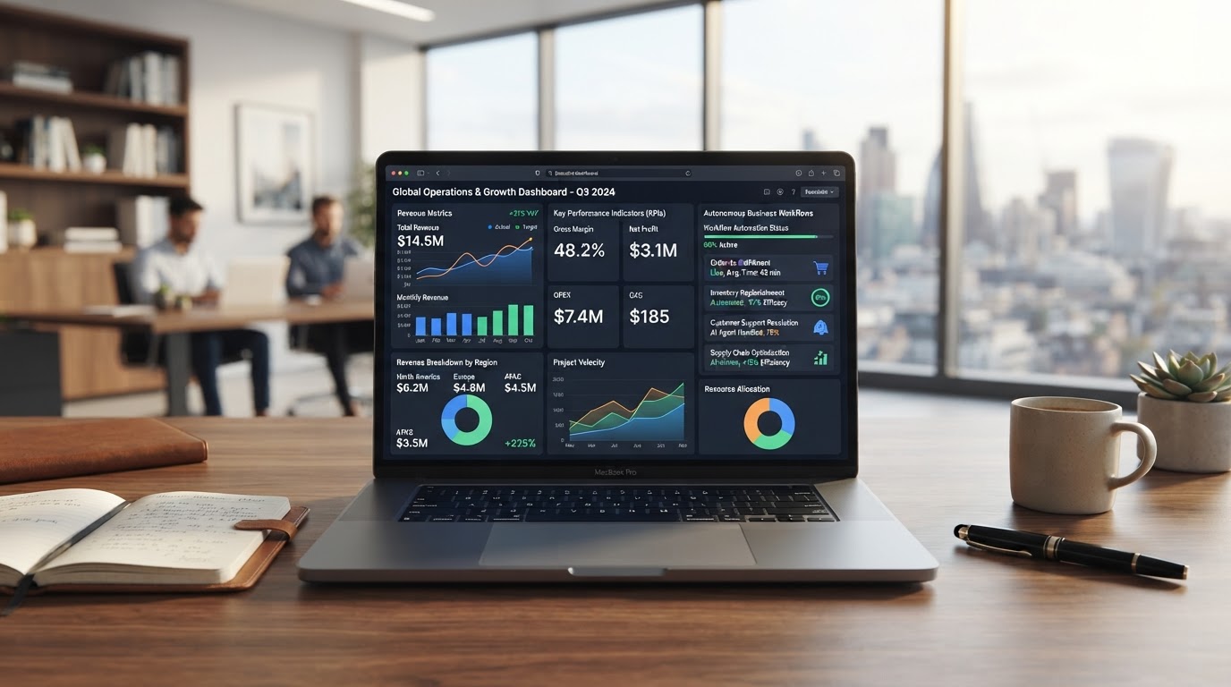 Autonomous business operations dashboard with metrics and automated systems