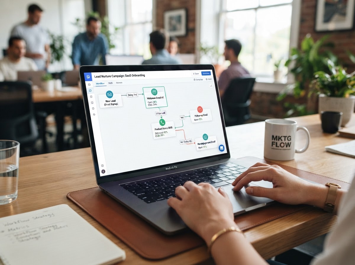 Automated SMS and email lead follow-up workflow automation builder with delivery metrics on a laptop