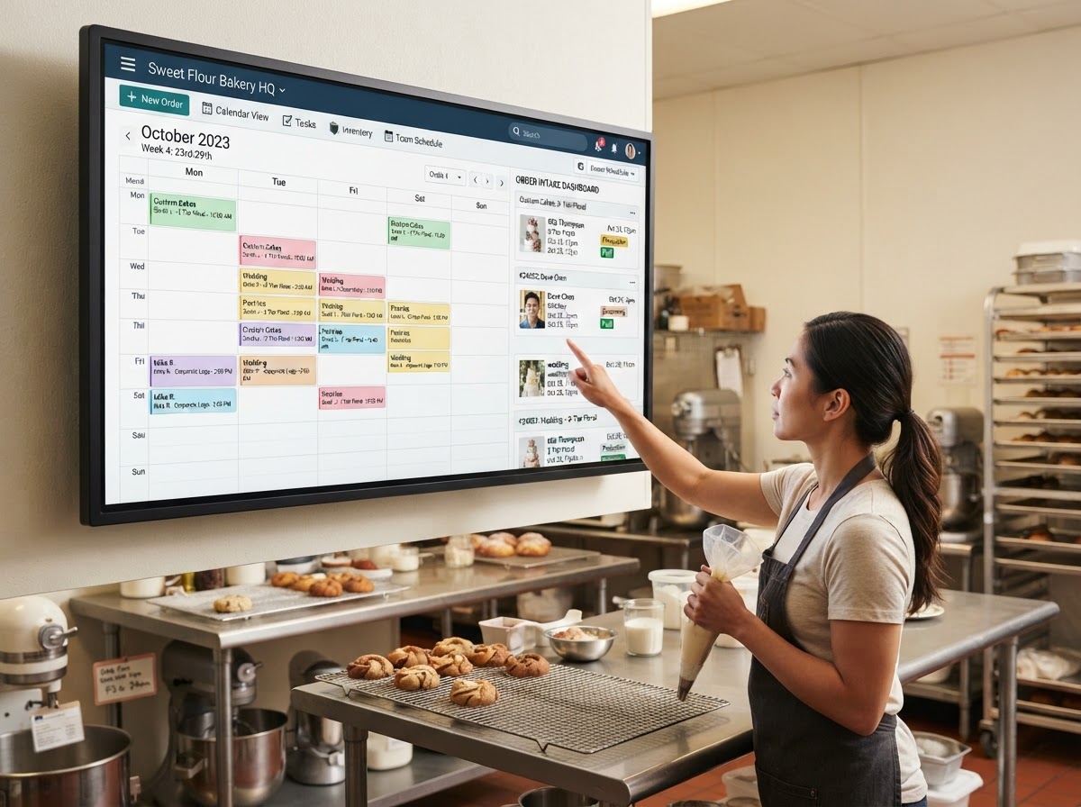 Bakery order scheduling calendar and custom cake intake management system on a touch screen