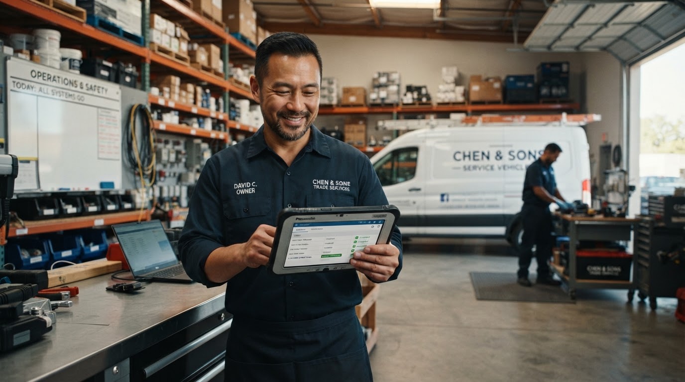 Trade business owner in a clean service shop holding a tablet with automated systems running smoothly