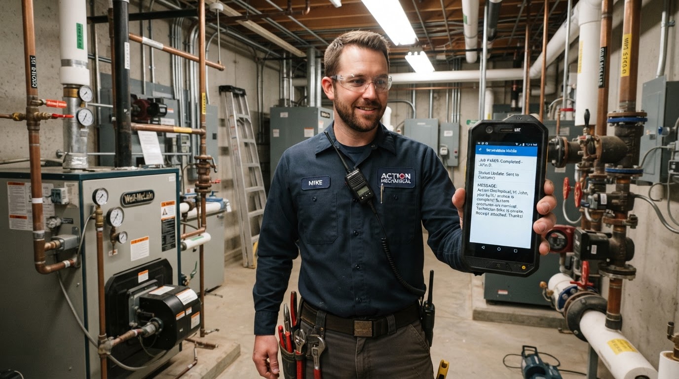 Team member working while a smartphone receives an automated missed call text notification