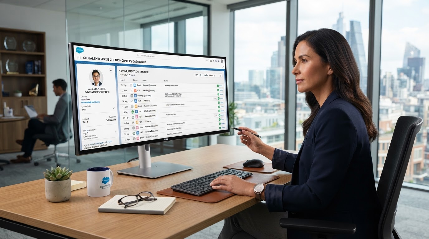 Unified CRM customer record pipeline with chronological communication history and quote estimates