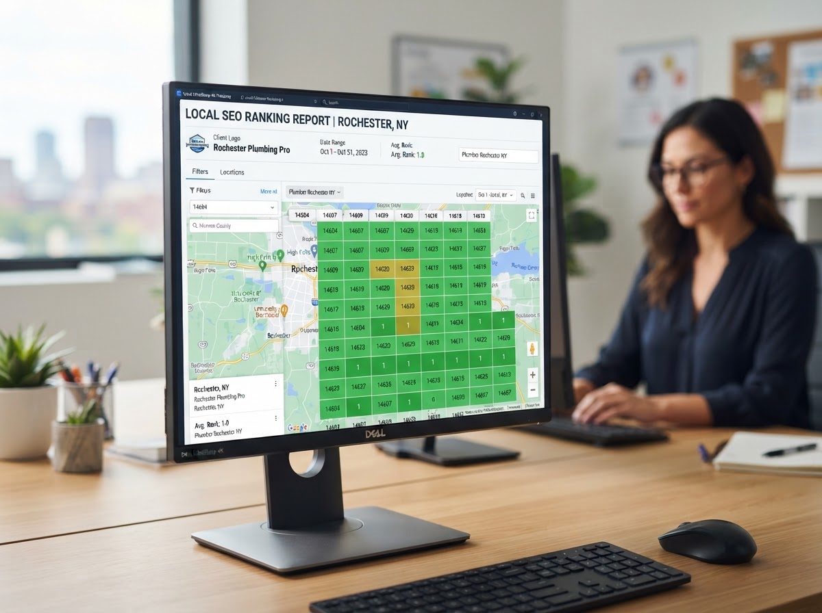 Local SEO rank tracking grid showing #1 Google Map Pack rankings across local zip codes