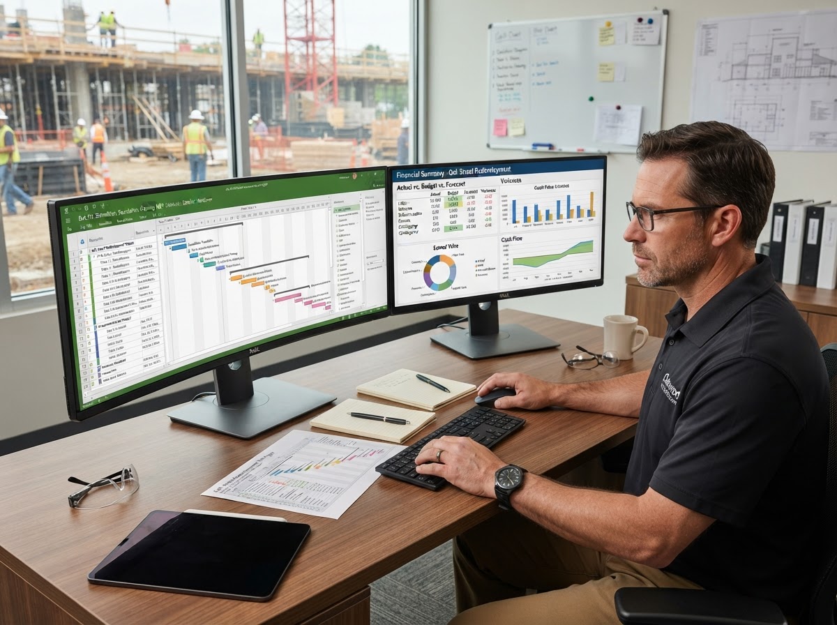 General contractor project management Gantt chart and budget timeline displayed on a dual-monitor workstation
