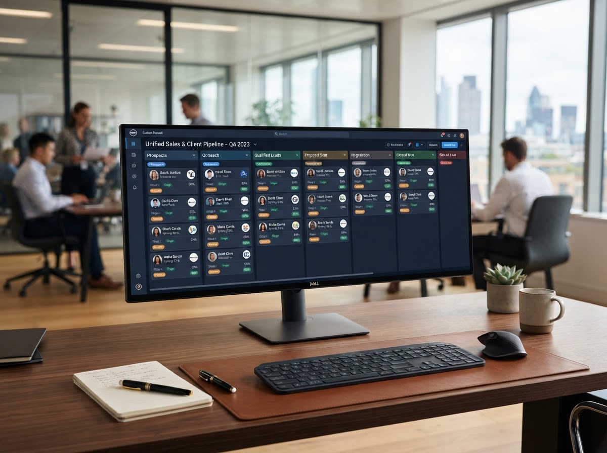 Modern CRM contact record pipeline board on an executive monitor