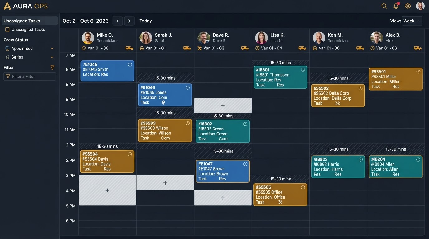 Plumbing dispatch calendar showing service calls, assigned technicians, and appointment windows