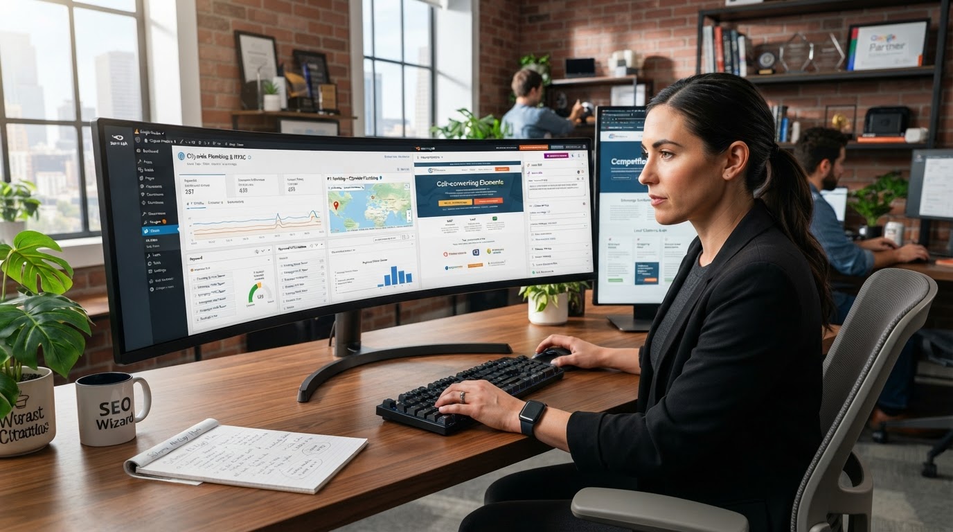 Web designer and contractor reviewing lightning-fast responsive Smartsite layout on workstation