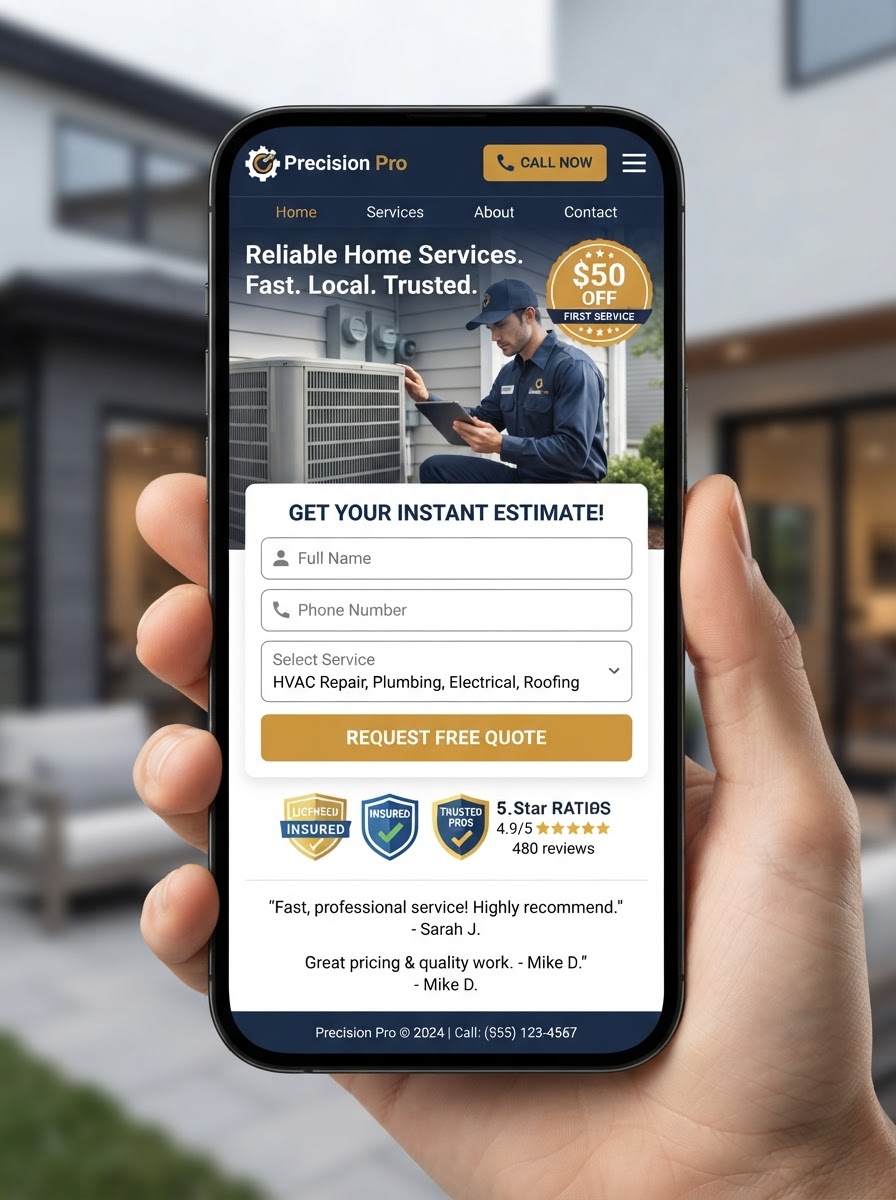 Smartphone mockup with $50 off promotion, licensed contractor credentials, and instant estimate submission form