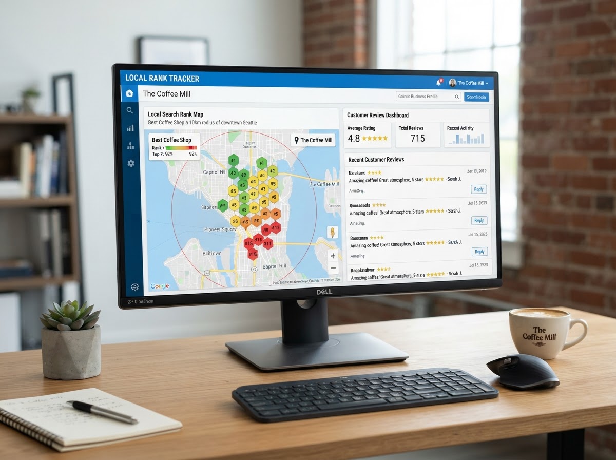 Google Business Profile local map pack ranking and customer engagement dashboard on office display