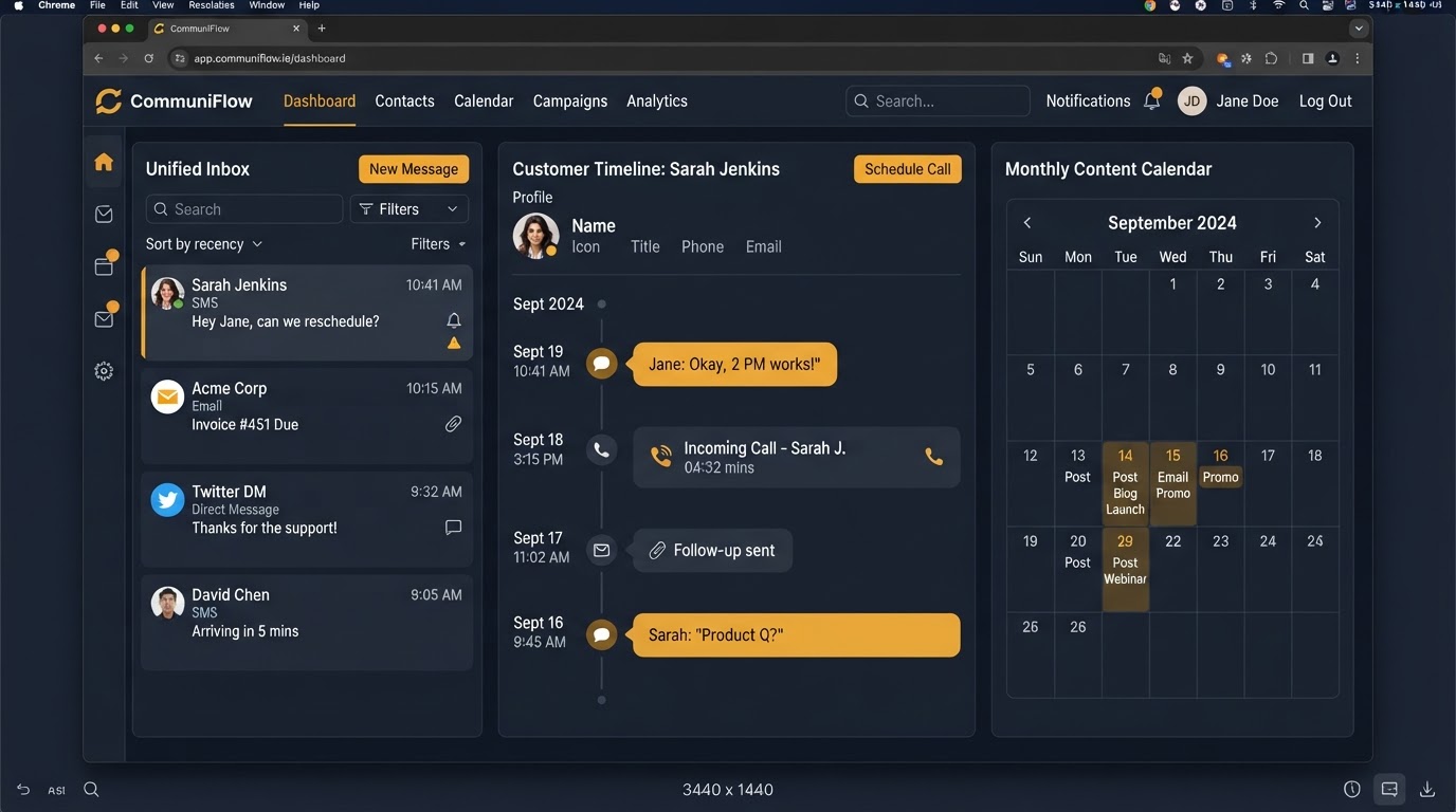 Unified CRM interface showing customer Taylor Collins chronological call, text, email timeline and $2,500 proposal