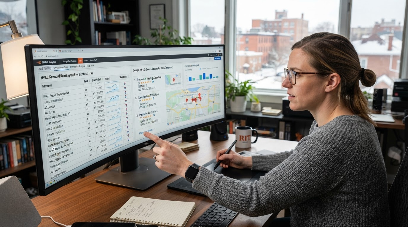 Local HVAC SEO Google Map Pack search tracking and ranking grid for Rochester NY