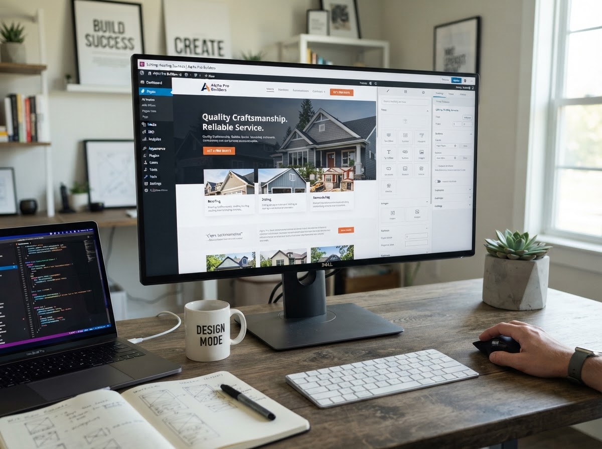 Smart website CMS dashboard showing high-converting service page builder on a workstation