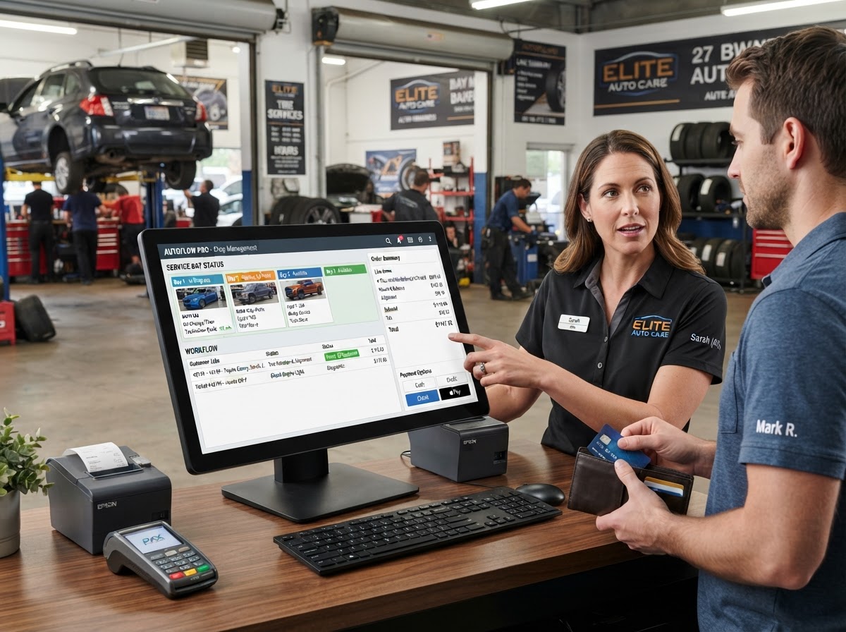 Auto repair and tire shop digital point-of-sale and bay management screen