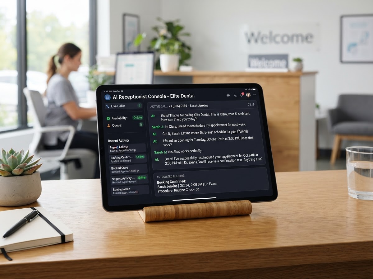 AI voice receptionist live dashboard and automated booking logs on modern tablet