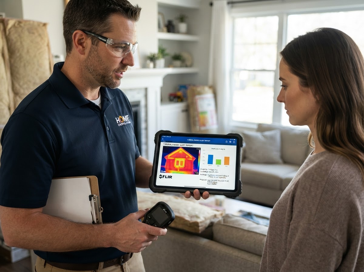 Home insulation contractor thermal imaging report and energy audit proposal on a tablet computer