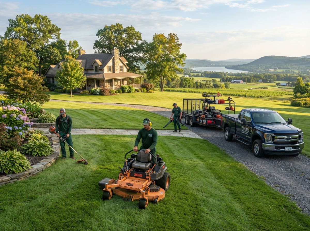Tombstone Land Care lawn care crew mowing and trimming a Finger Lakes residential property