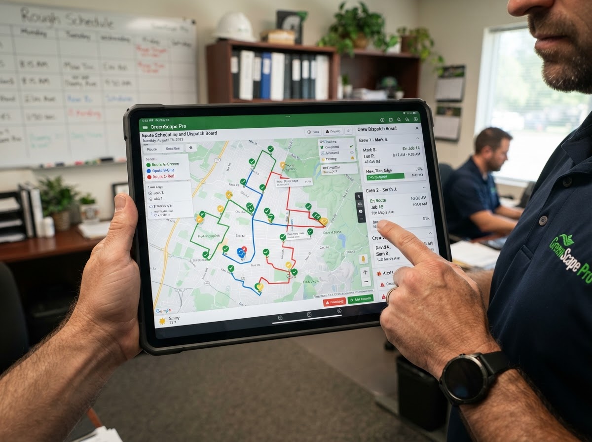 Landscaping and lawn care route scheduling map and crew dispatch board on an iPad tablet