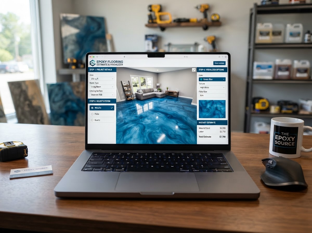Epoxy flooring estimate calculator and project visualizer software on a laptop