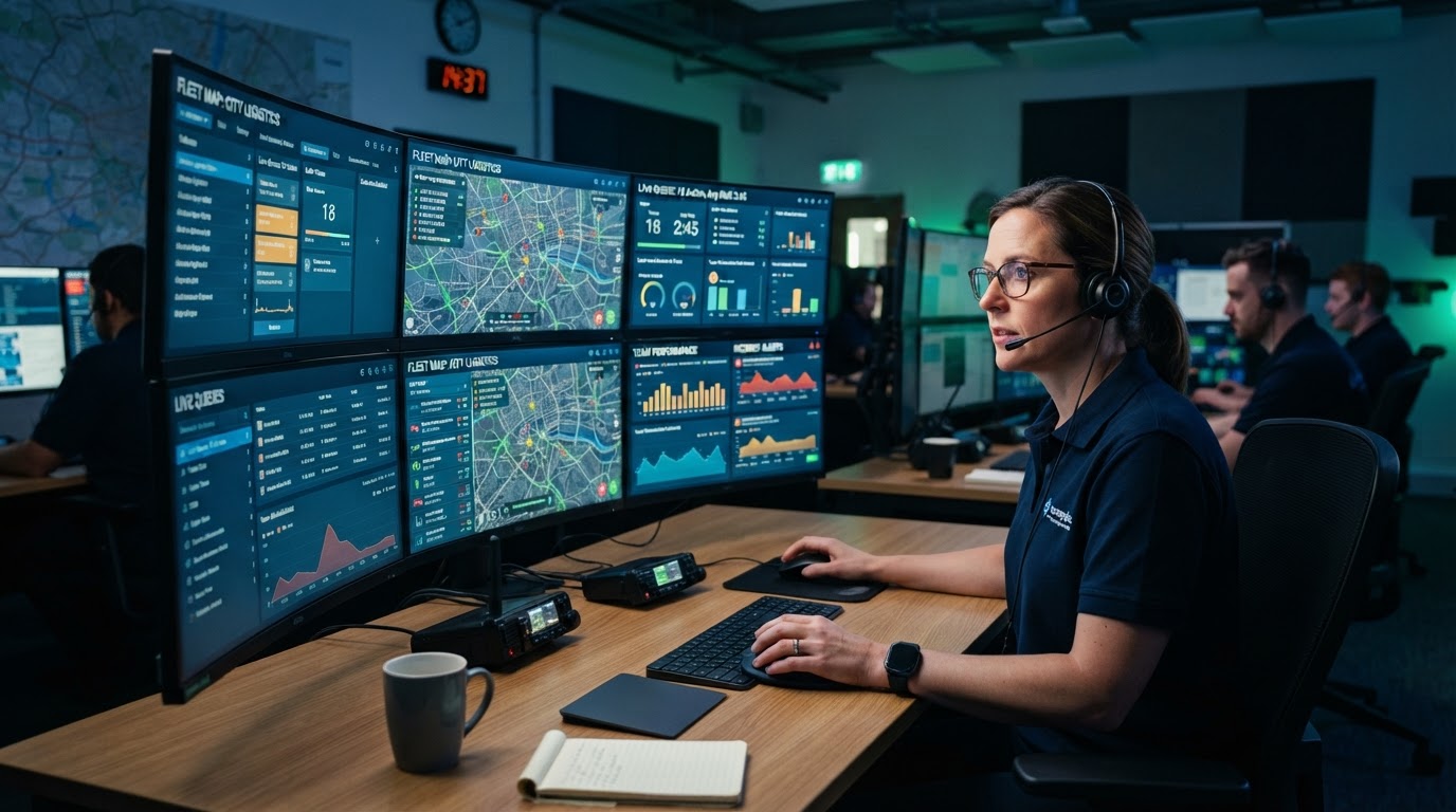 High-tech evening dispatch console with AI incoming call queues and live automated appointment routing