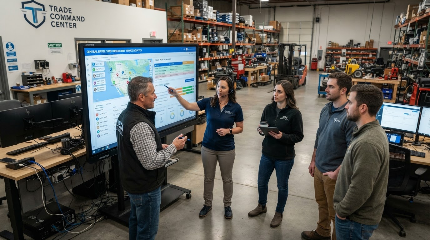 Operations team collaborating around an active central command screen in an Upstate warehouse facility