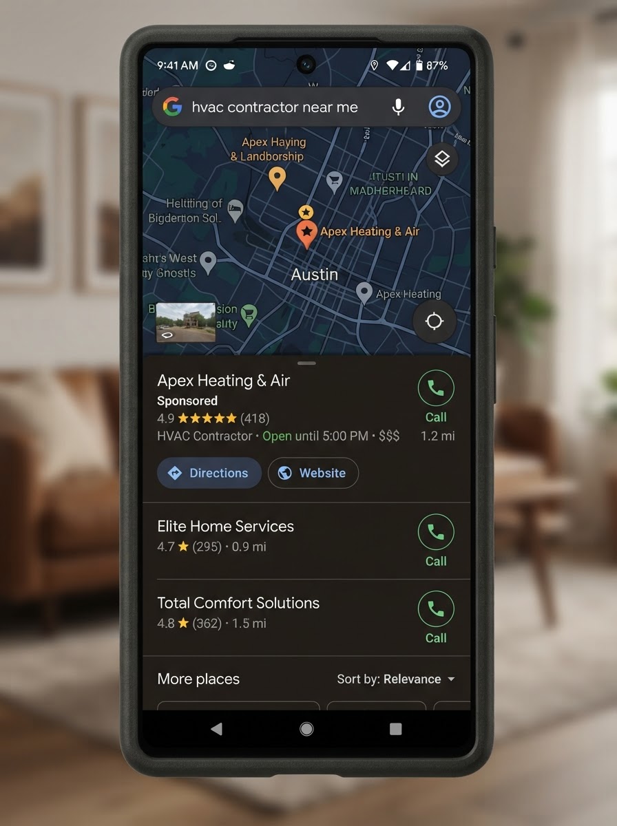 Smartphone displaying Google Map Pack ranking local trade contractor in top 3 with 4.9 stars and direct call buttons