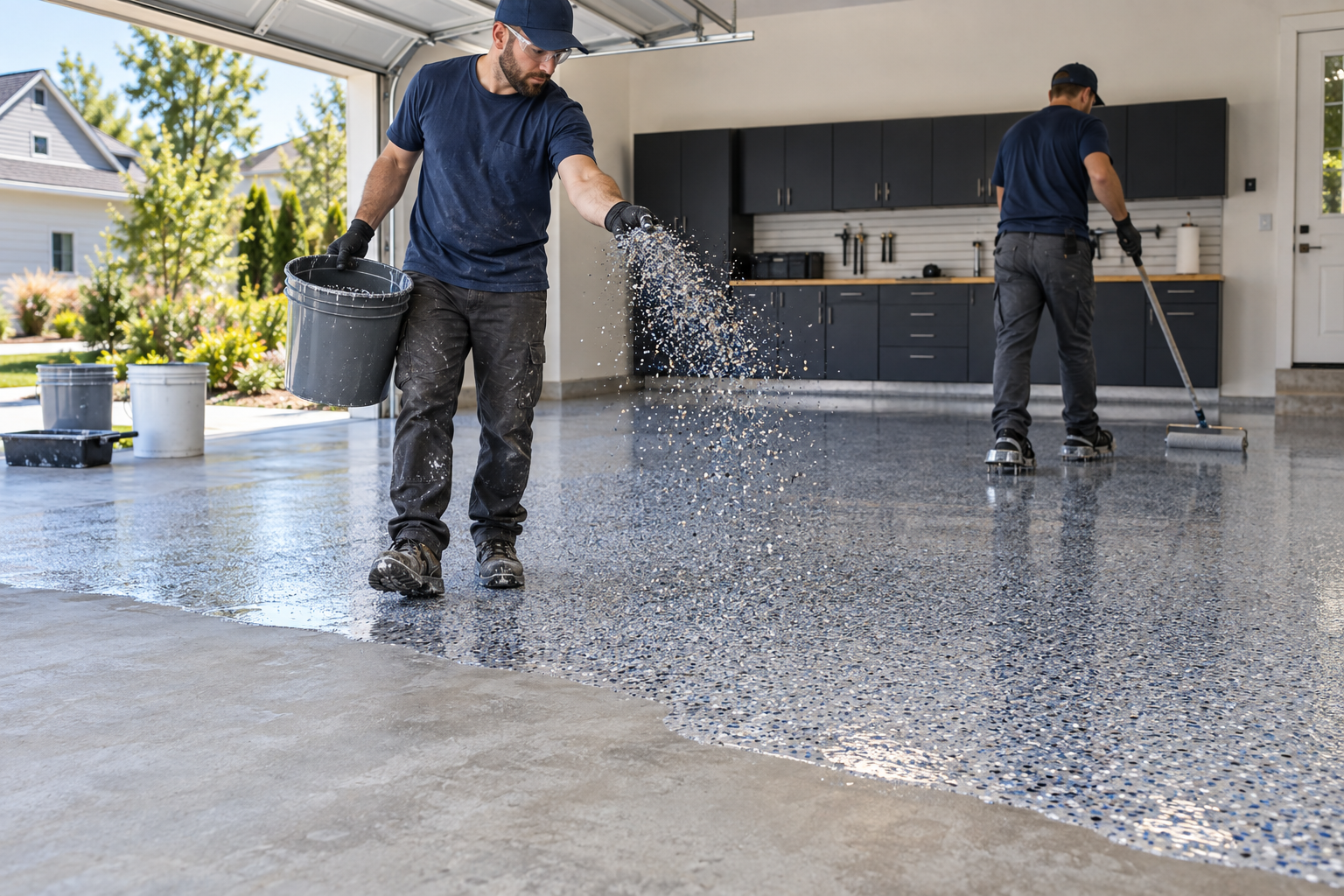 Commercial flooring crew broadcasting decorative vinyl flakes over high-gloss epoxy coating in spacious garage workshop