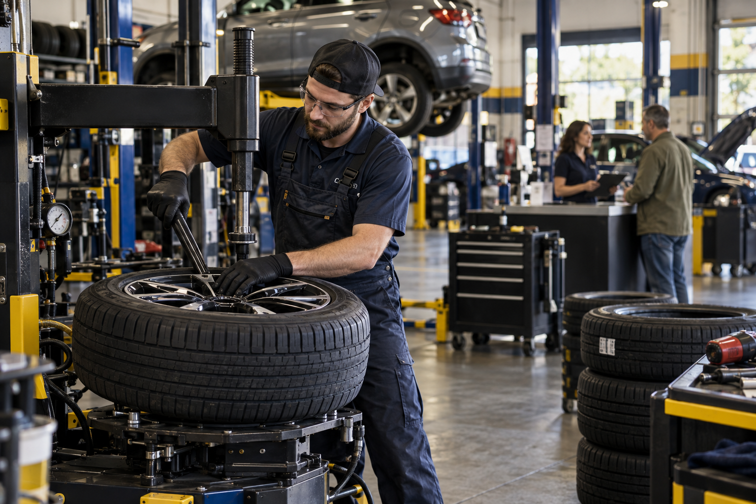 Certified automotive technician mounting performance tire on wheel balancing machine in busy repair shop bay with customer service counter in background