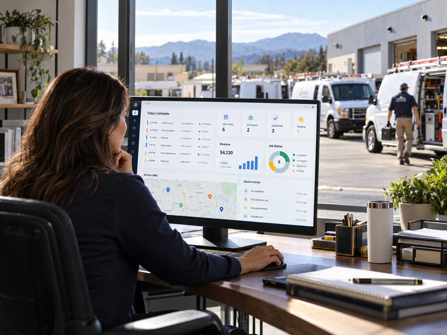 North & Nova operations command dashboard showing daily schedule, active jobs, technician status, and revenue with service vans outside