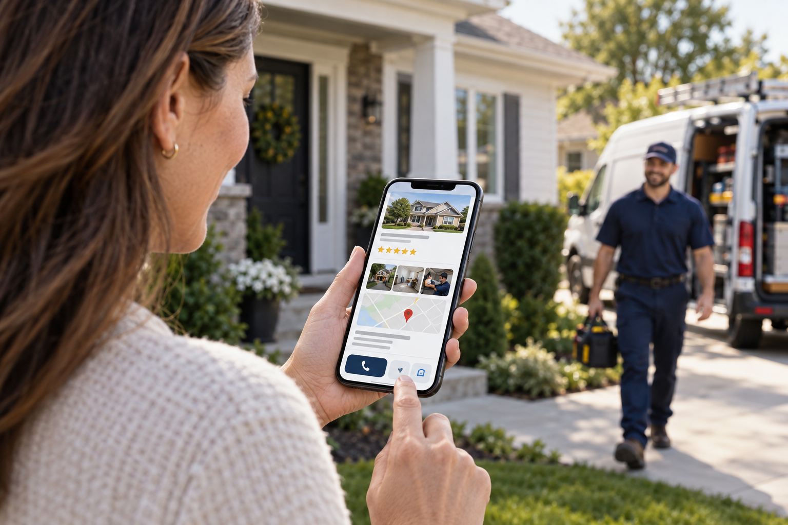 Homeowner checking appointment details and technician arrival window on smartphone
