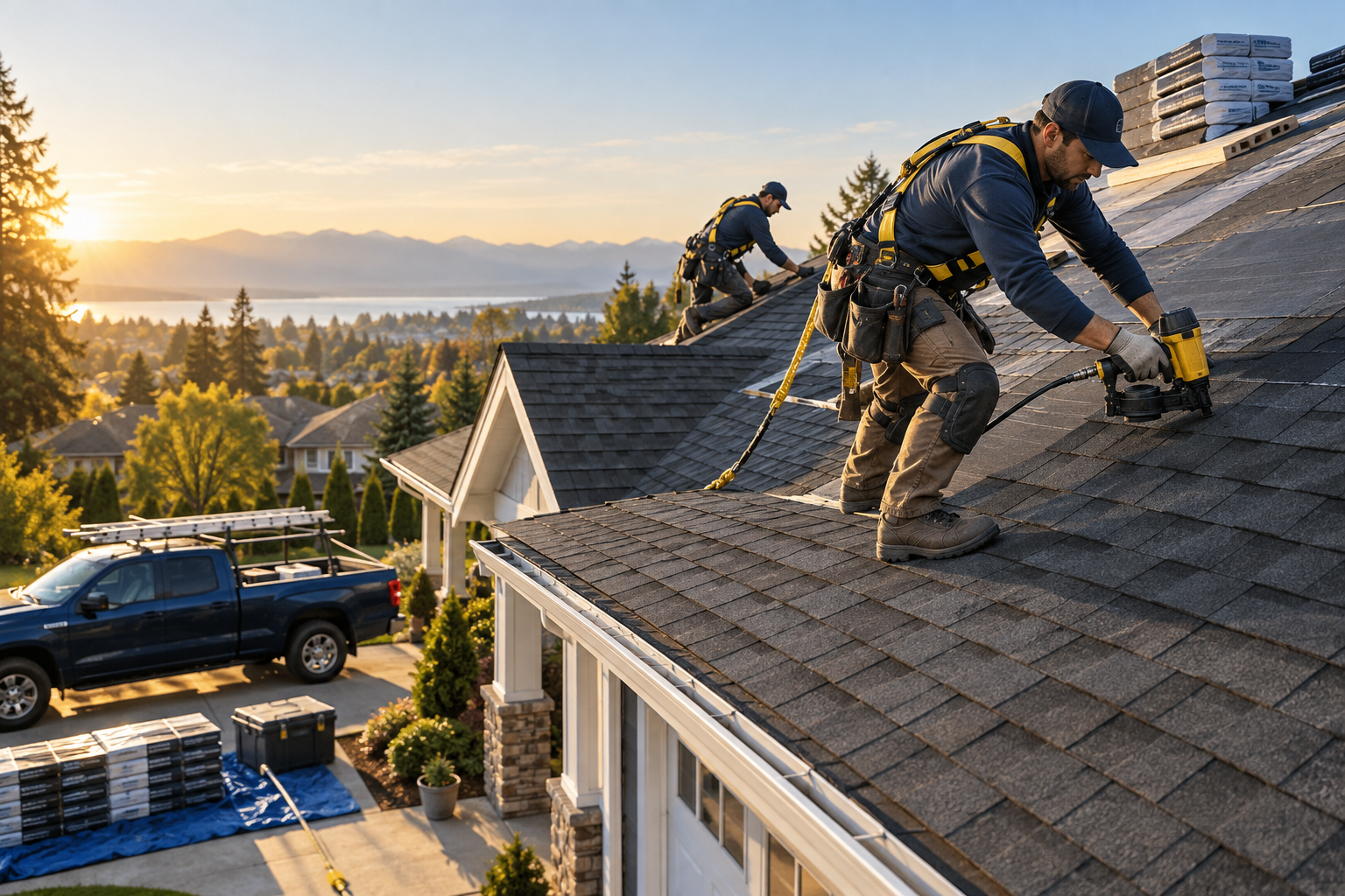 Professional roofing crew strapping on safety harnesses installing architectural shingles at sunrise